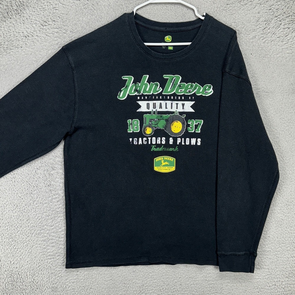 John Deere Mens Thermal Sweater 2XL Black Graphic Print Waffle‎ Knit Long Sleeve